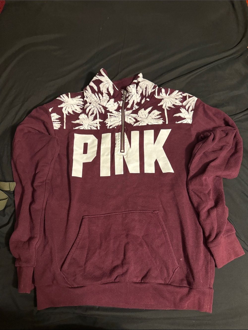 PINK Half-Zip Pullover Sweatshirt in Burgundy with Palm Print